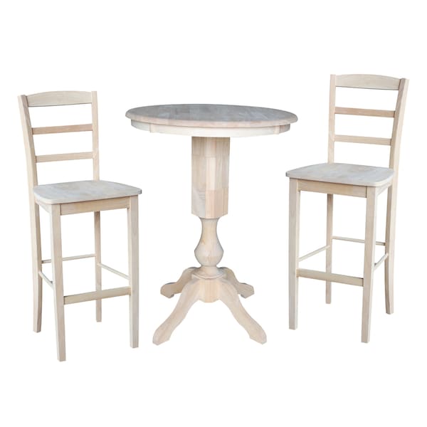 International Concepts Round 30 in Rd Pedestal Bar Height Table, 2 Madrid Bar Height Stools, Unfinished, 30 in W, 30 in L K-30RT-11P-2-S403-2 - main